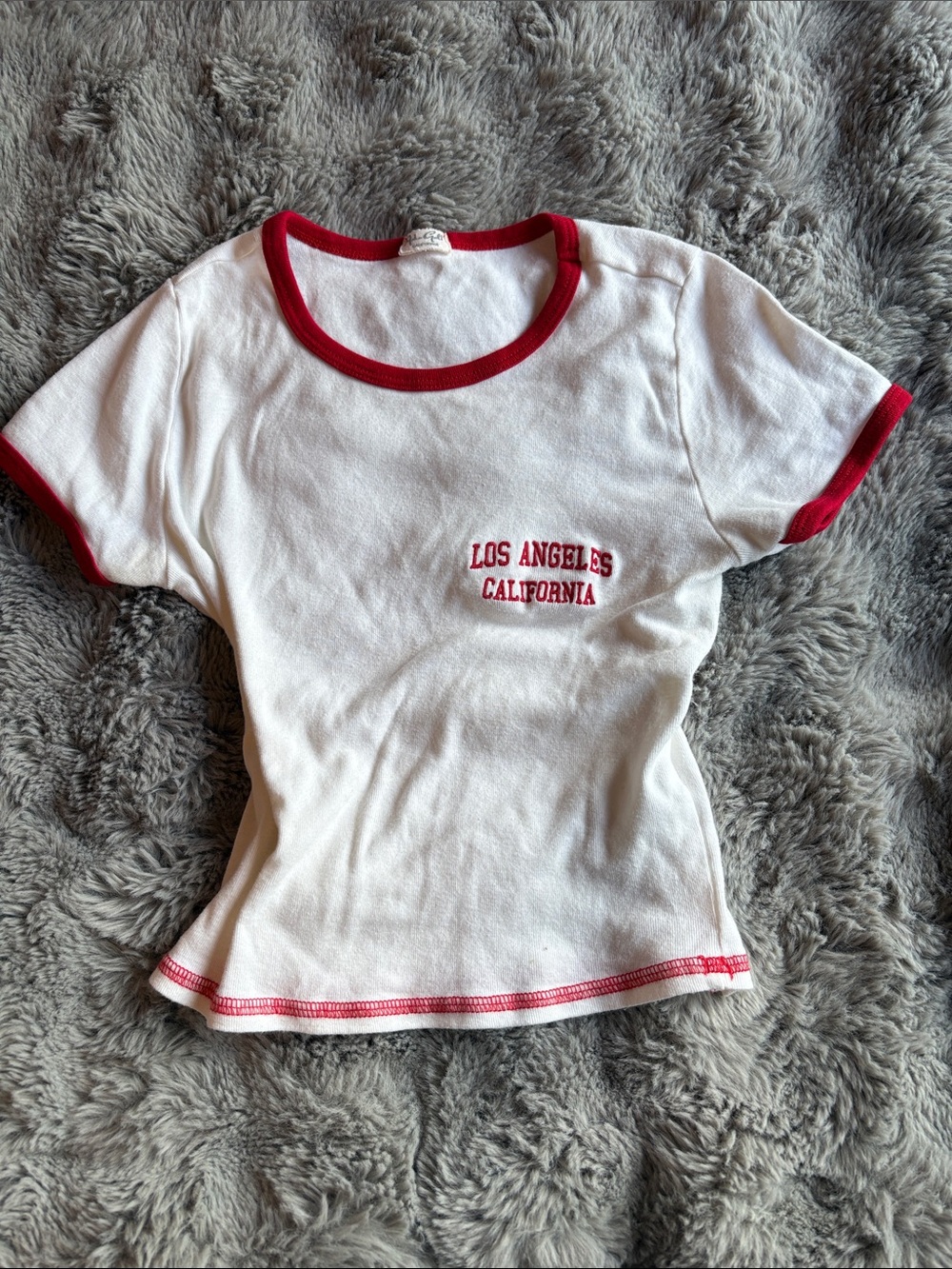Brandy Melville White Baby Tee with Red Trim and Los Angeles Embroidery